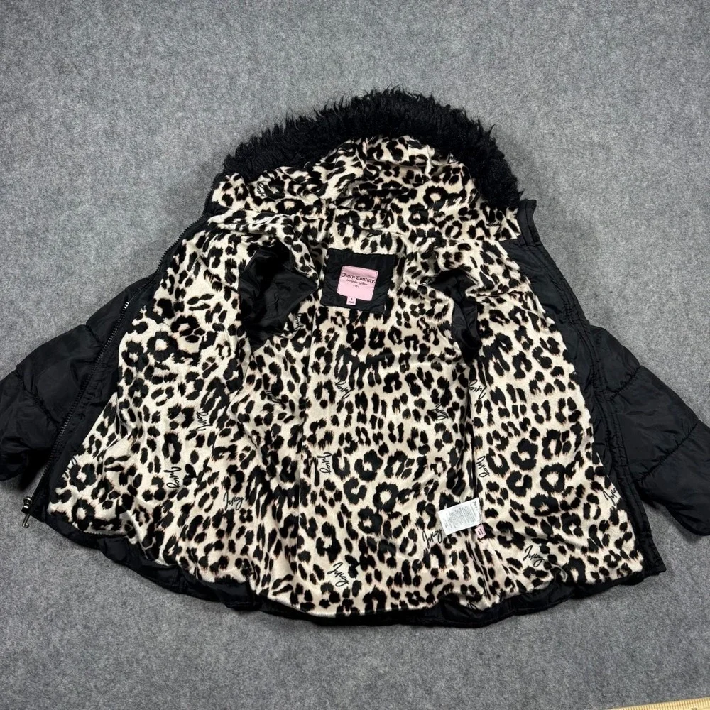 Juicy‎ Couture Kids Black Puffer Jacket Leopard Lining Faux Fur Hood Small 7/8